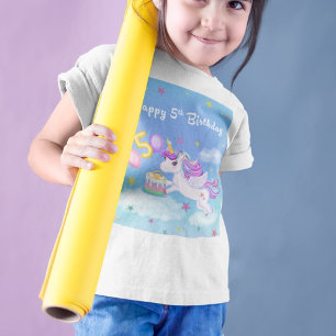 Camiseta Feliz 5 Birthday Unicorn com Bolo de Aniversário