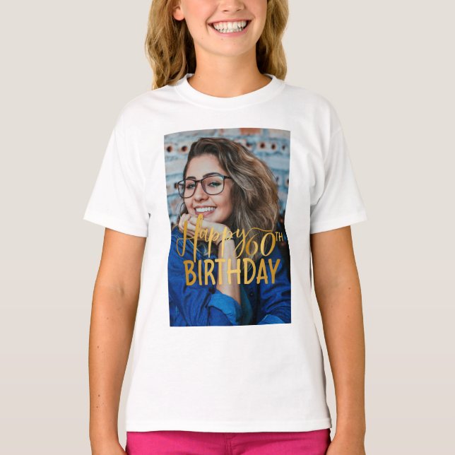 Camiseta Feliz 60º aniversário - Script Personalizado Foto (Frente)