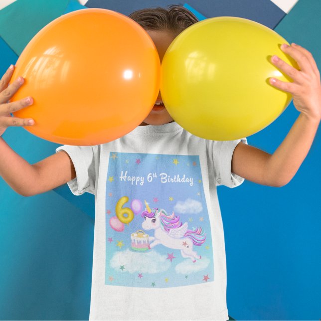Camiseta Feliz 6 Birthday Unicorn com Bolo de Aniversário (Criador carregado)