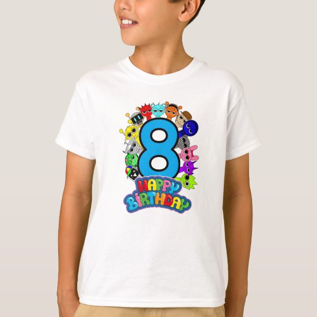 Camiseta Feliz 8º Aniversário Sprunki - Simon Oren Funbot (Frente)