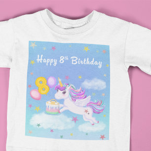 Camiseta Feliz 8º Aniversário Unicórnio com Bolo de Anivers