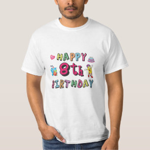 Camiseta Feliz 8 de aniversário. 8 anos de surpresa por dia