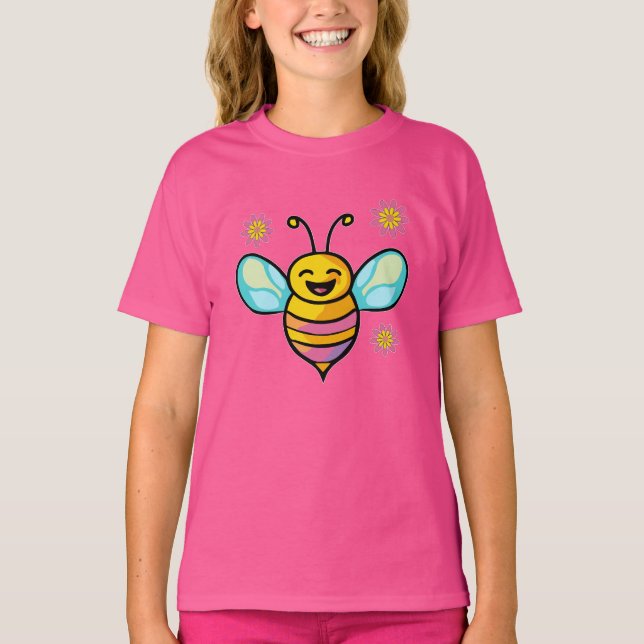 Camiseta Feliz abelha sorridente com flores. (Frente)