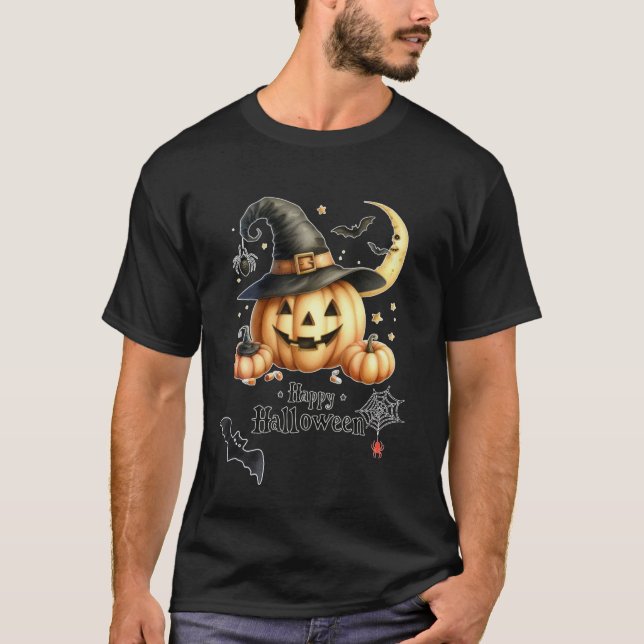 Camiseta Feliz Abóbora de Halloween com Chapéu de Bruxa (Frente)