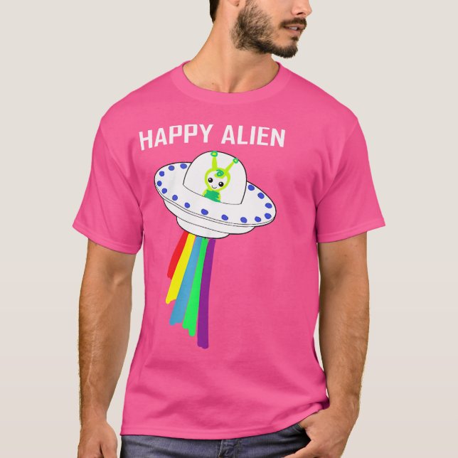 Camiseta Feliz Alienígena No Arco-Íris Voador E Ufo Belie (Frente)