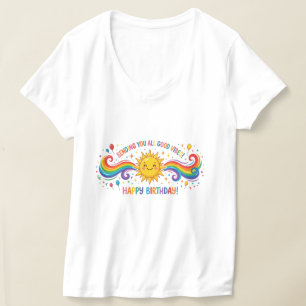 Camiseta Feliz Aniversário Boas Vibrações Arco-Íris Sol