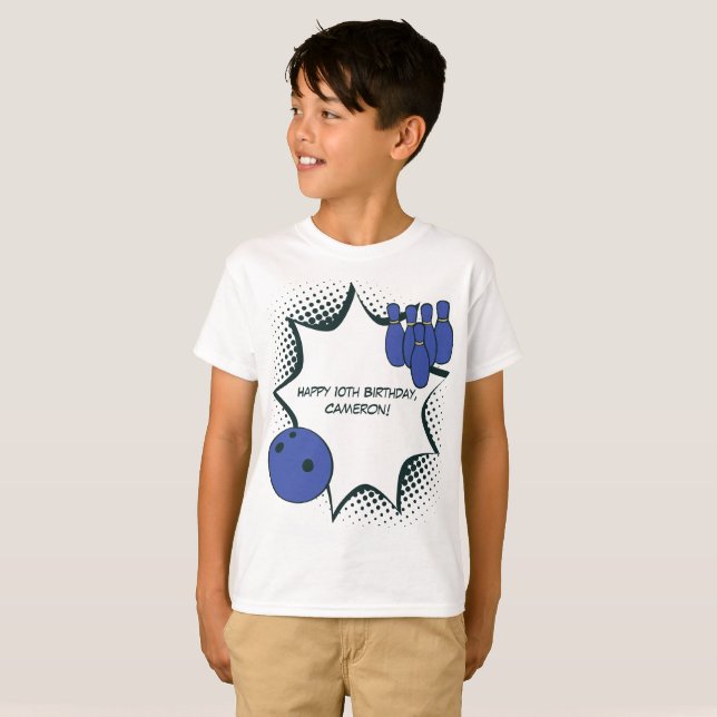 Camiseta Feliz Aniversário de 10 anos - Festa de Boliche (Frente Completa)