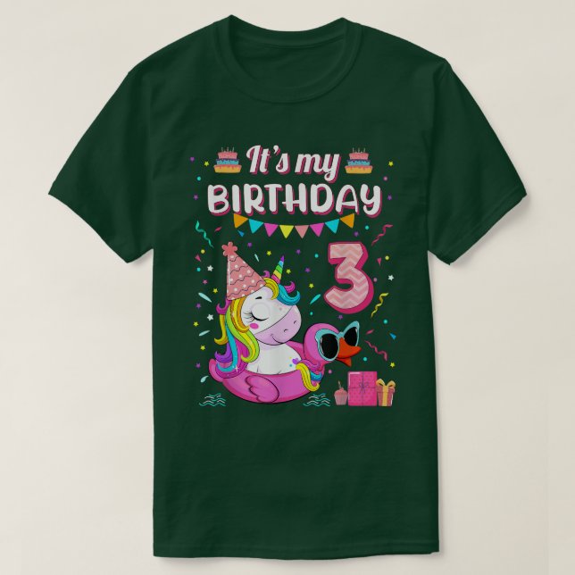 Camiseta Feliz aniversário de 3 anos Garota Unicórnio Pato  (Frente do Design)
