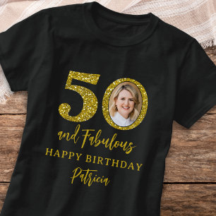 Camiseta Feliz Aniversário de 50 anos Foto Preto Dourado 50