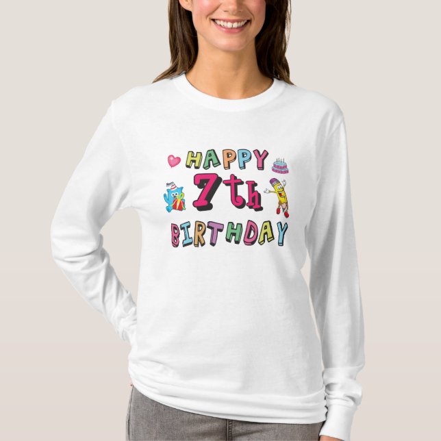 Camiseta Feliz aniversário de 7 anos. 7 anos de idade. (Frente)
