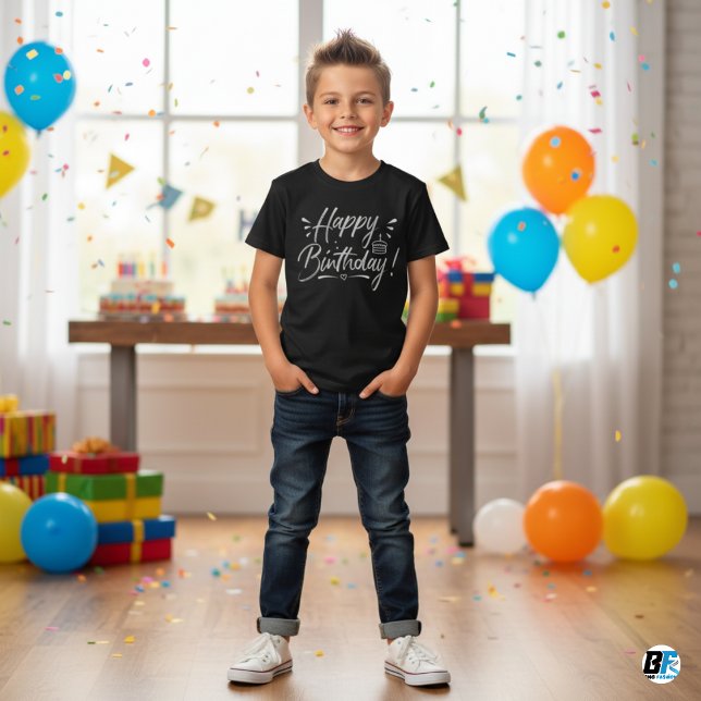Camiseta Feliz aniversário - Design de texto branco (Criador carregado)