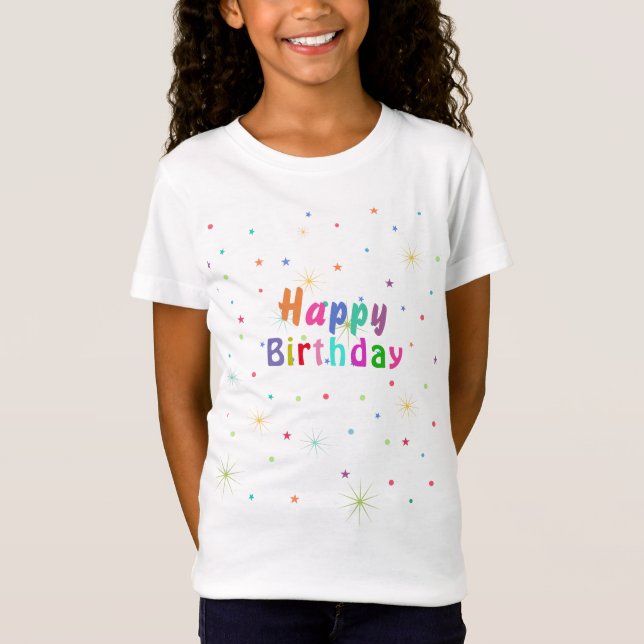 Camiseta Feliz Aniversário Estrelas e Texto Coloridos (Frente)