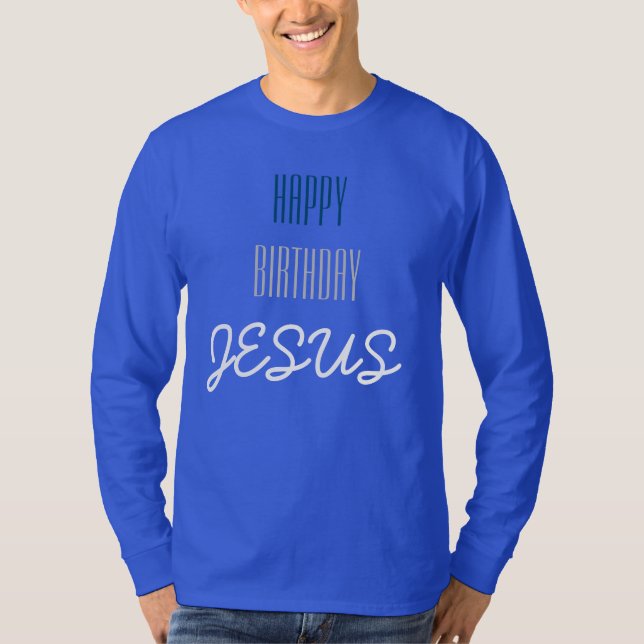 Camiseta Feliz aniversário JESUS - Azul, Branco e Cinza mod (Frente)