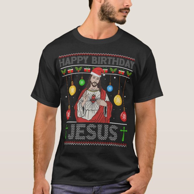 Camiseta Feliz Aniversário Jesus Cristão Fu Natal Feio (Frente)