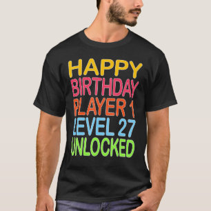 Camiseta Feliz Aniversário Jogador 1 Nível 27 Engraçado Des