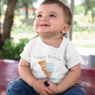 Camiseta Feliz Aniversário Menino Urso de Pelúcia Sorvete