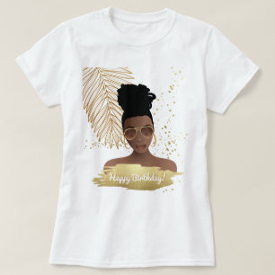 Camiseta Feliz aniversário, rosa e Dourado, tropical