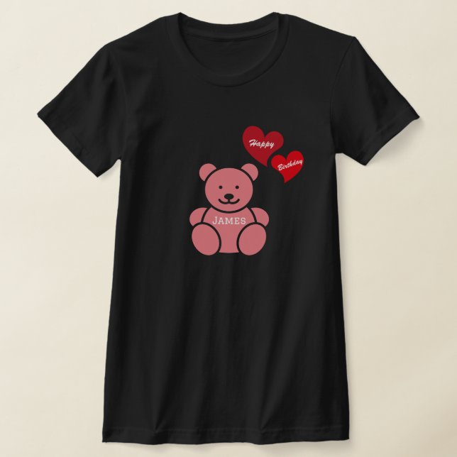 Camiseta Feliz Aniversário, Urso de Teddy e Corações, Perso (Postura )
