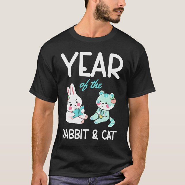 Camiseta Feliz Ano do Coelho e Gato Chinês Zodíaco Novo Ye (Frente)