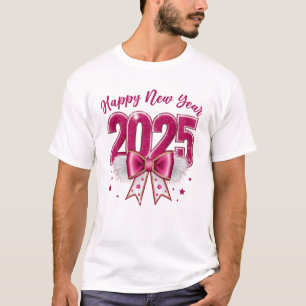 Camiseta Feliz ano novo 2025 Arco de coquete cor-de-rosa