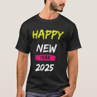 Camiseta Feliz ano novo 2025 - Design preto e colorido