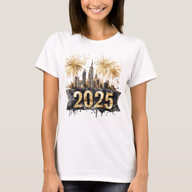 Camiseta Feliz ano novo 2025 Preto e Dourado, Fireworks (Frente)