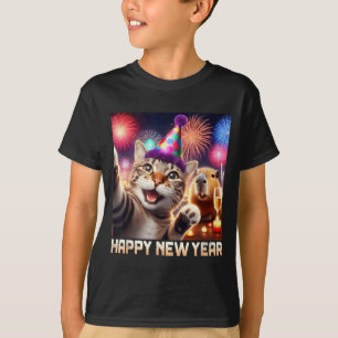 Camiseta Feliz Ano Novo 2026 Arte de Festa de Gato Fofo Cap