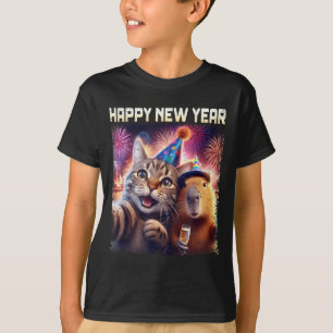 Camiseta Feliz Ano Novo 2026 Arte de Festa de Gato Fofo Cap