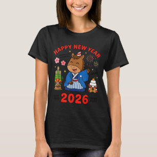 Camiseta Feliz Ano Novo 2026 Cavalo Fofo Celebração Japones