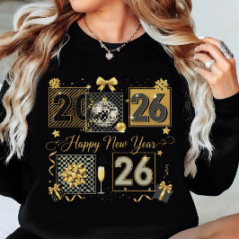 Camiseta Feliz Ano Novo 2026 Celebração Dourada Brilhante