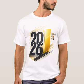 Camiseta Feliz Ano Novo 2026 Celebração Moderna Dourada Ele