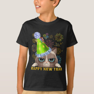 Camiseta Feliz Ano Novo 2026 Gato Divertido Chapéu de Révei