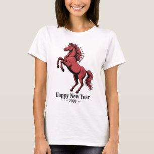 Camiseta Feliz Ano Novo 2026 Gráfico de Cavalo Vermelho