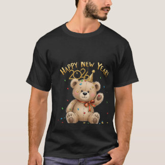 Camiseta Feliz Ano Novo 2026 Ilustração de Urso Teddy Fofo