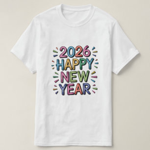 Camiseta Feliz Ano Novo 2026 – Tipografia Colorida