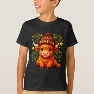 Camiseta Feliz Ano Novo 2026 Vaca das Terras Altas & Chapéu