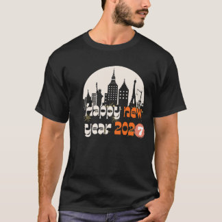 Camiseta Feliz Ano Novo 2027 Gif Retro da Silhueta das Cida