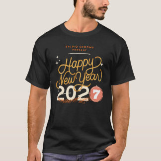 Camiseta Feliz Ano Novo 2027 Tipografia Festiva Retro Camis