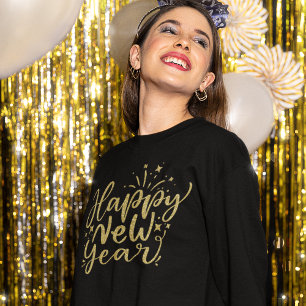 Camiseta Feliz ano novo de Script Dourado Glitter