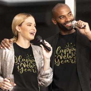 Camiseta Feliz ano novo de Script Dourado Glitter