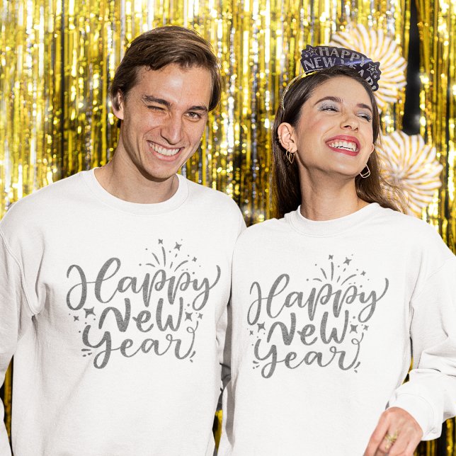 Camiseta Feliz ano novo de Script Glitter Silver (Criador carregado)