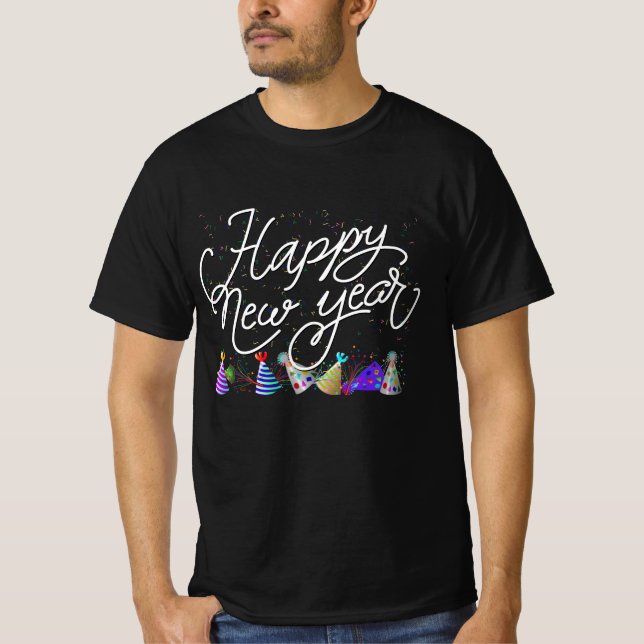 Camiseta Feliz Ano Novo - Diversão Texto Branco Com Confete (Frente)
