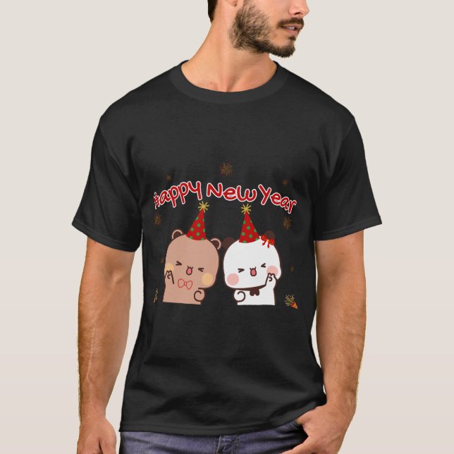 Camiseta Feliz ano novo Dudu Bear E Bubu Panda (Frente)