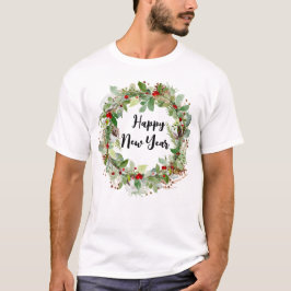 Camiseta Feliz ano novo e coroa de Natal