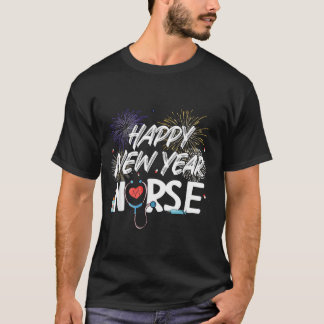 Camiseta Feliz Ano Novo Enfermeira Estetoscópio Fogos de Ar