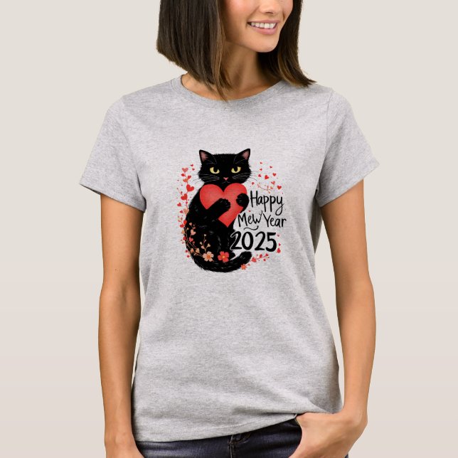 Camiseta feliz ano novo engraçado de gato mew anos feliz (Frente)