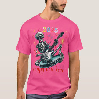 Camiseta Feliz ano novo Engraçado Skeleton tocando violão