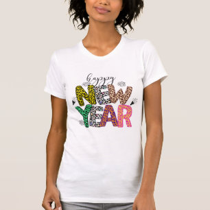 Camiseta Feliz Ano Novo Estampa Leopardo Multicolo
