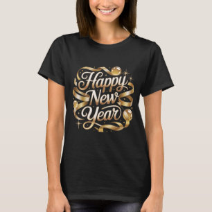 Camiseta Feliz Ano Novo Fita Dourada Elegante Desenho de Fe