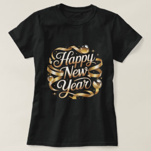 Camiseta Feliz Ano Novo Fita Dourada Elegante Desenho de Fe